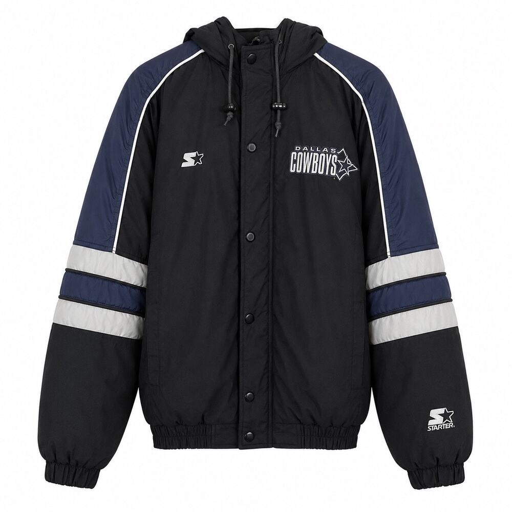 Vintage Starter Dallas Cowboys NFL Hooded Black Puffer Jacket SMALL 90s FOOTBALL
